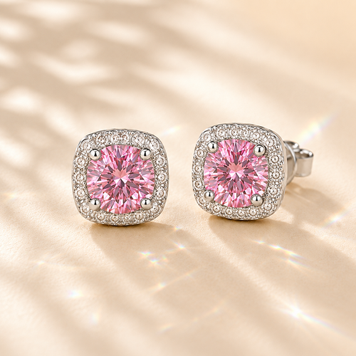 Halo 1 Carat Each Cushion Colored Moissanite Stud Earrings - Pink - PRISMA
