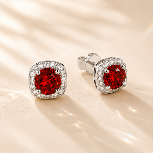 Halo 1 Carat Each Cushion Colored Moissanite Stud Earrings - Red - PRISMA