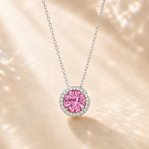 Aura 2 Carat Round Halo Colored Moissanite Necklace - Pink - PRISMA