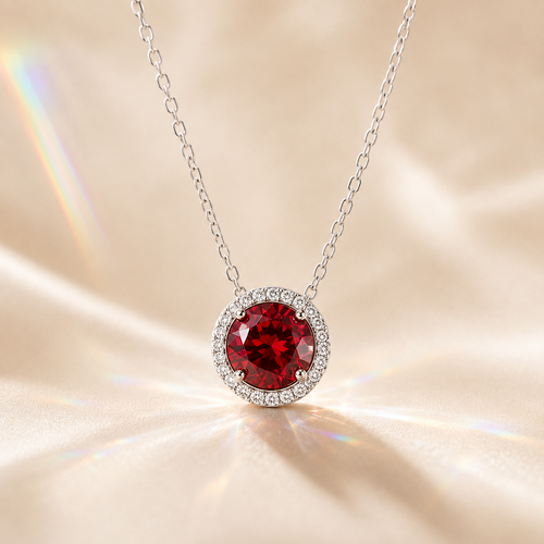 Aura 2 Carat Round Halo Colored Moissanite Necklace - Red - PRISMA