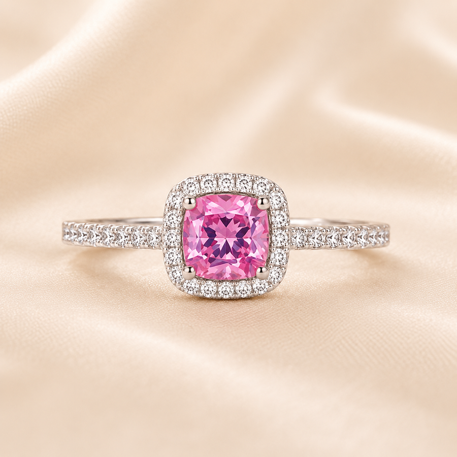 Muse 2 Carat Cushion Halo Colored Moissanite Ring - Pink - PRISMA