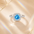 Ocean Blue Muse 2 Carat Cushion Halo Colored Moissanite Ring — front view