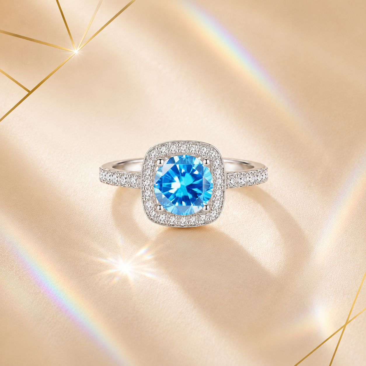 Ocean Blue Muse 2 Carat Cushion Halo Colored Moissanite Ring — front view
