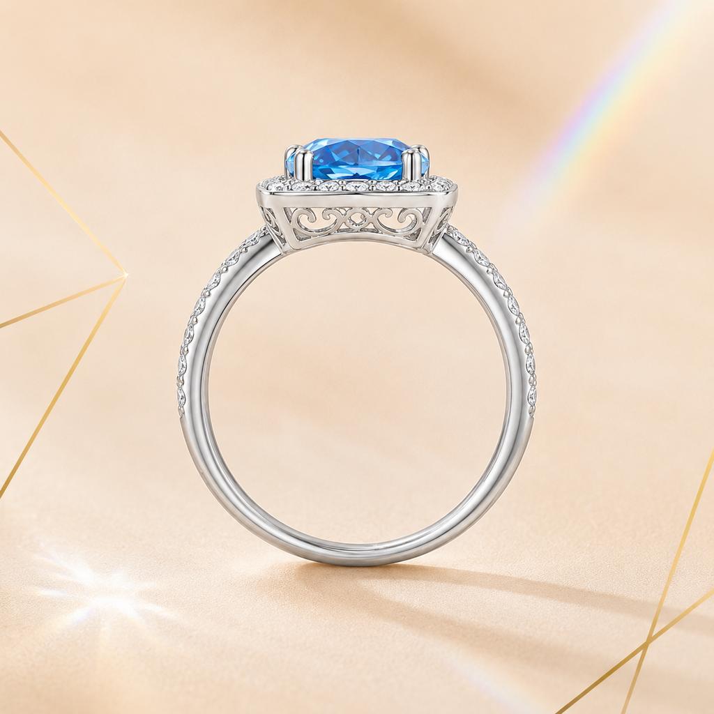 Ocean Blue Muse 2 Carat Cushion Halo Colored Moissanite Ring — side profile detail