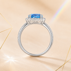 Ocean Blue Muse 2 Carat Cushion Halo Colored Moissanite Ring — side profile detail