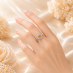 Champagne Muse 2 Carat Cushion Halo Colored Moissanite Ring — worn styling view