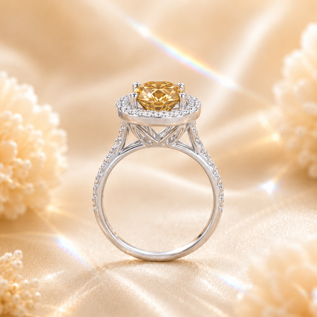Champagne Muse 2 Carat Cushion Halo Colored Moissanite Ring — side profile detail
