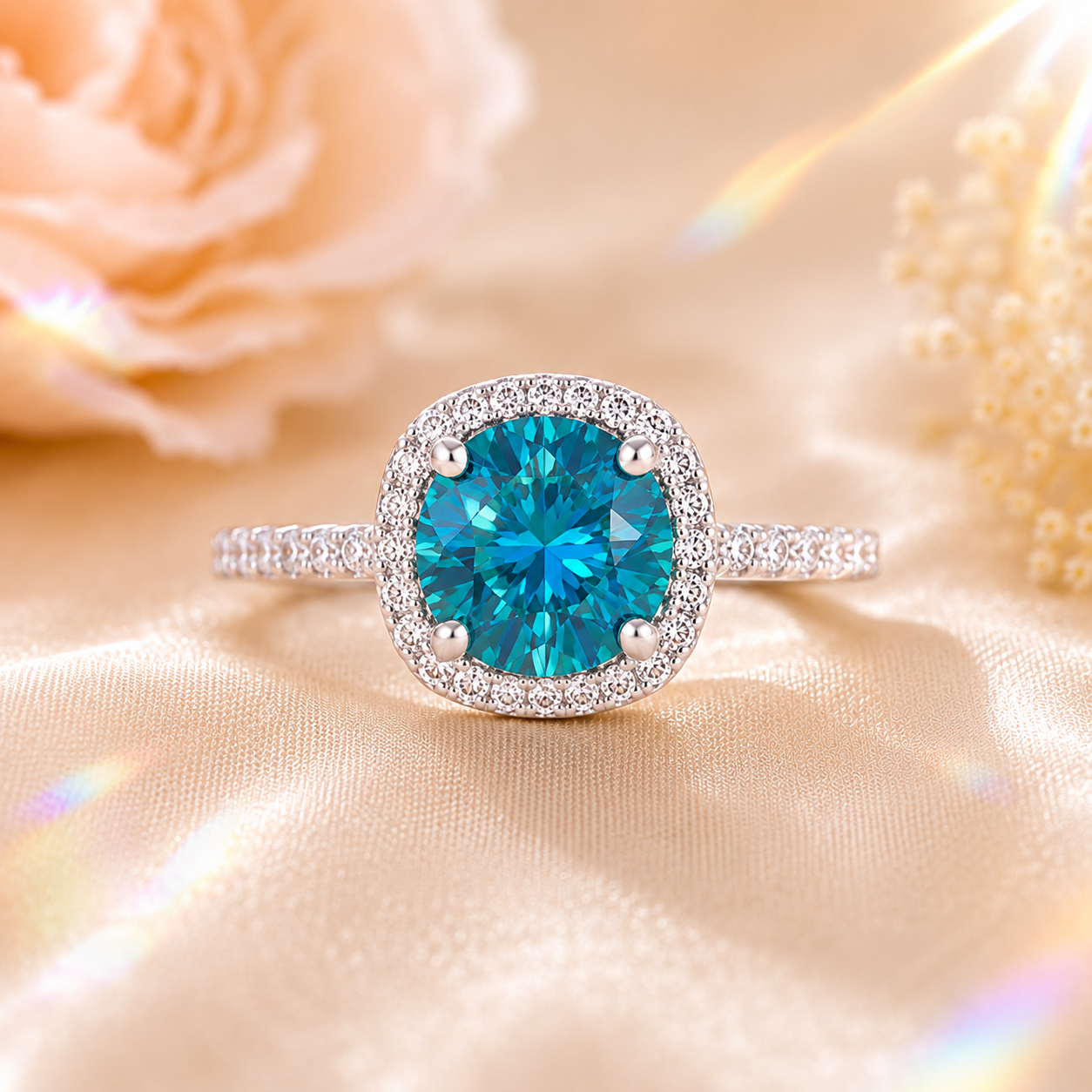 Blue Muse 2 Carat Cushion Halo Colored Moissanite Ring — front view