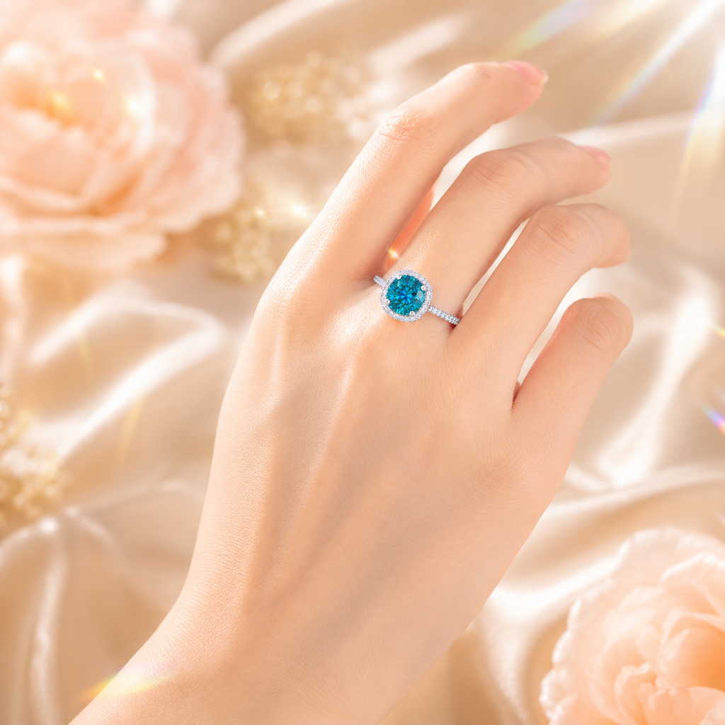 Blue Muse 2 Carat Cushion Halo Colored Moissanite Ring — worn styling view
