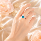Blue Muse 2 Carat Cushion Halo Colored Moissanite Ring — worn styling view