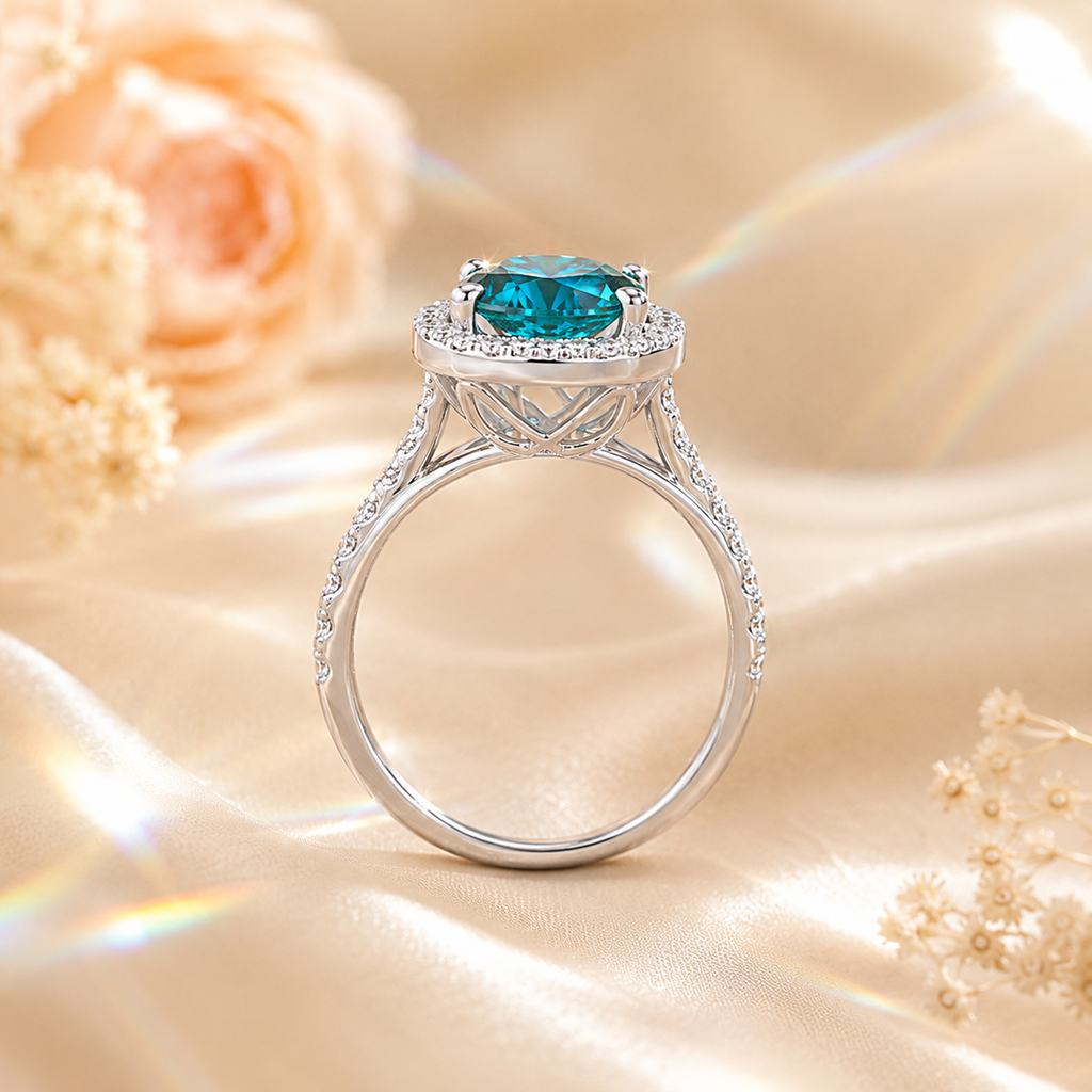 Blue Muse 2 Carat Cushion Halo Colored Moissanite Ring — side profile detail