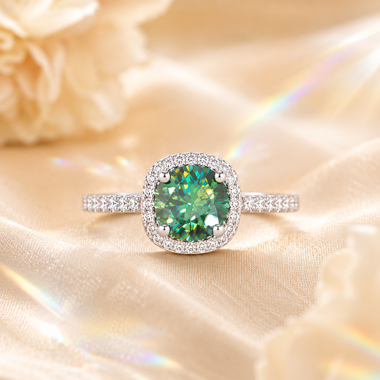 Green Muse 2 Carat Cushion Halo Colored Moissanite Ring — front view