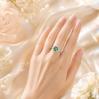 Green Muse 2 Carat Cushion Halo Colored Moissanite Ring — worn styling view