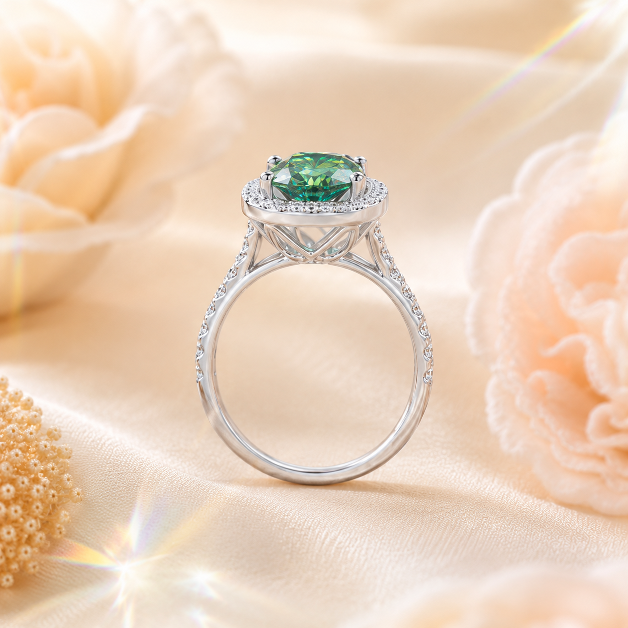 Green Muse 2 Carat Cushion Halo Colored Moissanite Ring — side profile detail