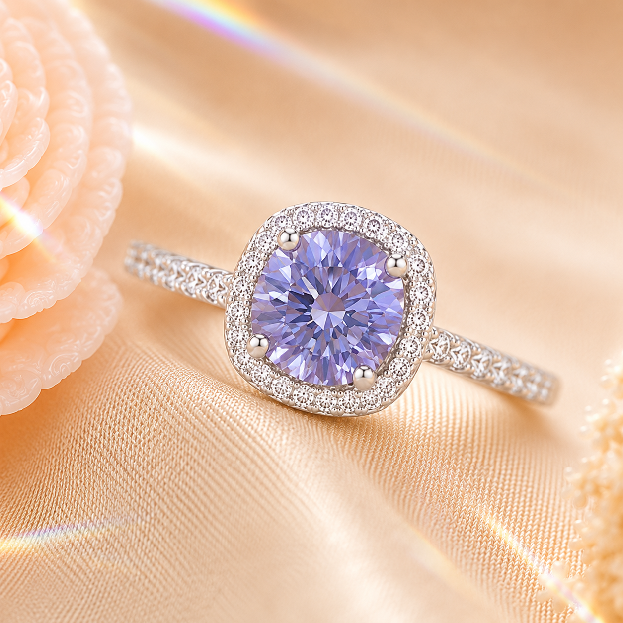 Purple Muse 2 Carat Cushion Halo Colored Moissanite Ring — front view