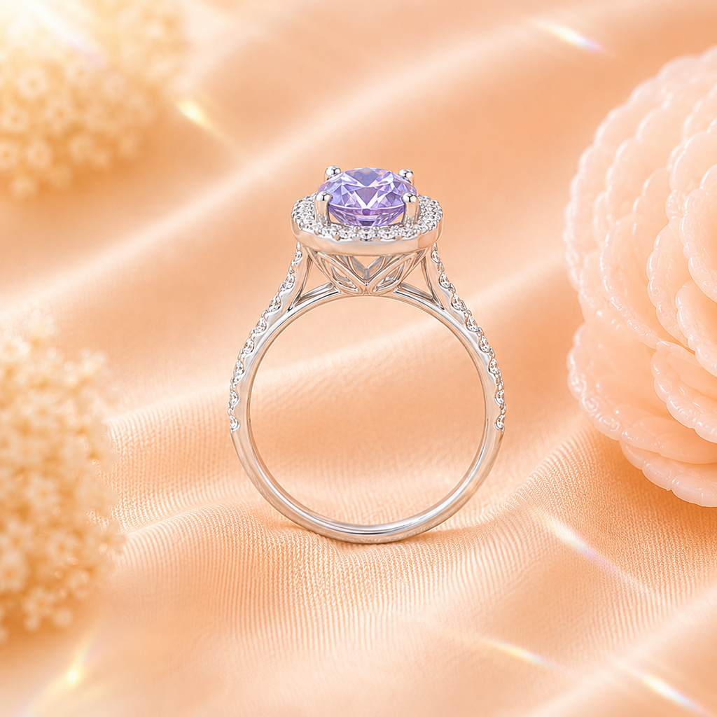 Purple Muse 2 Carat Cushion Halo Colored Moissanite Ring — side profile detail