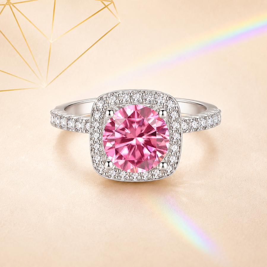 Pink Muse 2 Carat Cushion Halo Colored Moissanite Ring — front view