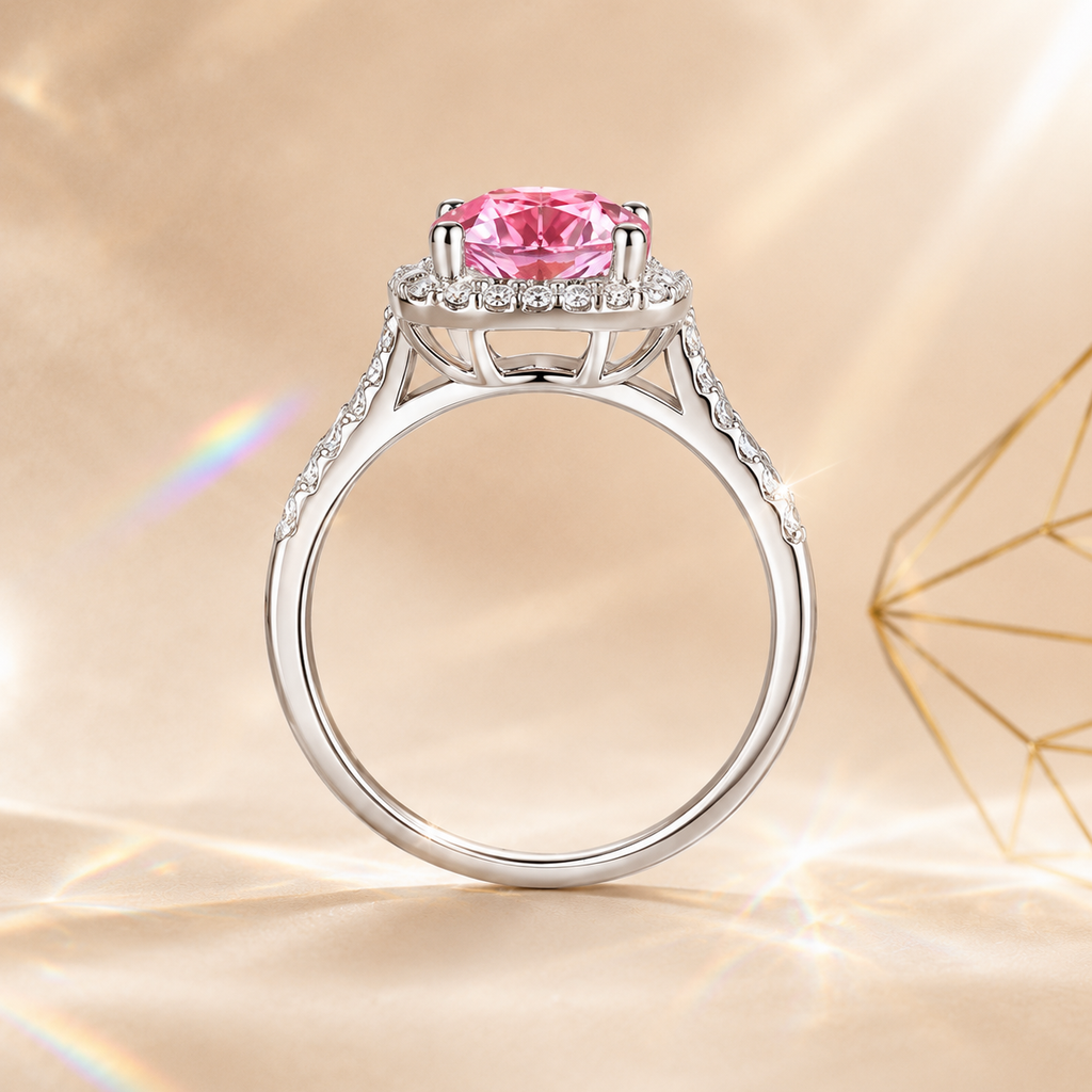 Pink Muse 2 Carat Cushion Halo Colored Moissanite Ring — side profile detail