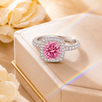 Pink Muse 2 Carat Cushion Halo Colored Moissanite Ring — styled still-life view