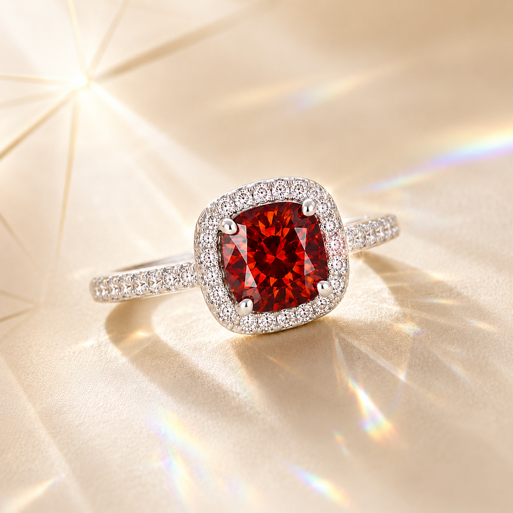 Red Muse 2 Carat Cushion Halo Colored Moissanite Ring — angled detail view