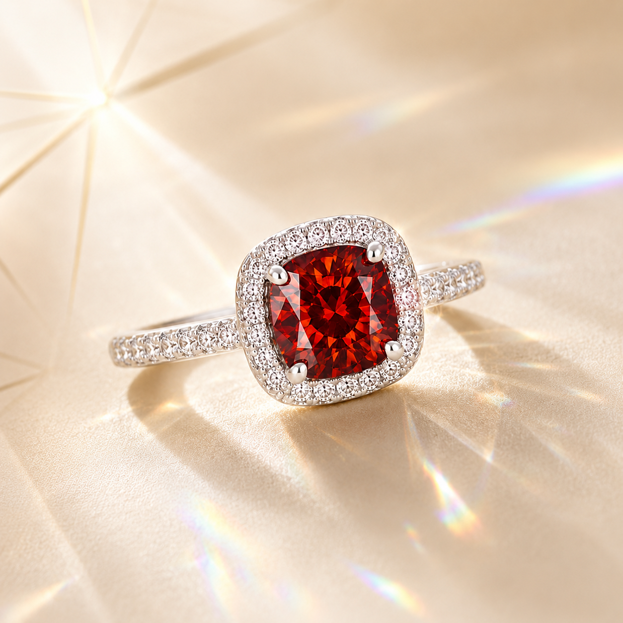 Red Muse 2 Carat Cushion Halo Colored Moissanite Ring — angled detail view