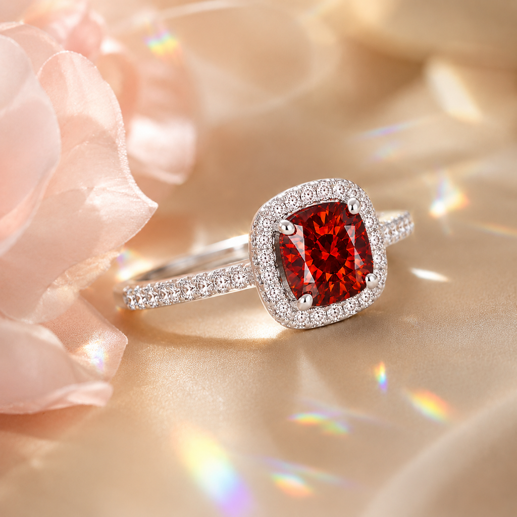 Red Muse 2 Carat Cushion Halo Colored Moissanite Ring — front view