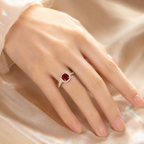 Red Muse 2 Carat Cushion Halo Colored Moissanite Ring — worn styling view