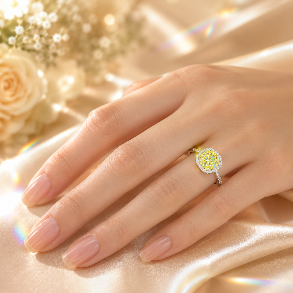 Yellow Muse 2 Carat Cushion Halo Colored Moissanite Ring — worn styling view
