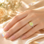 Yellow Muse 2 Carat Cushion Halo Colored Moissanite Ring — worn styling view