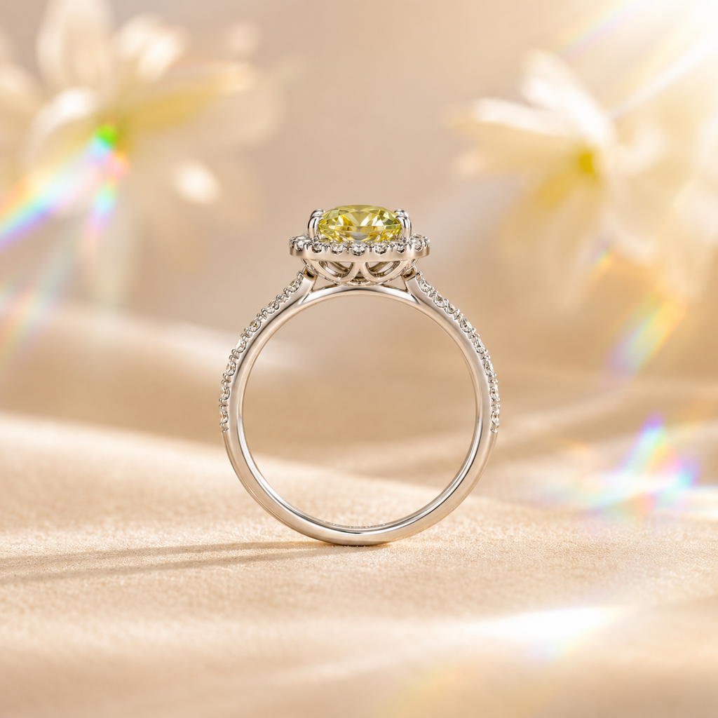 Yellow Muse 2 Carat Cushion Halo Colored Moissanite Ring — side profile detail