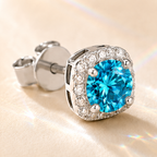 Ocean Blue Halo 1 Carat Each Cushion Colored Moissanite Stud Earrings — close-up setting detail