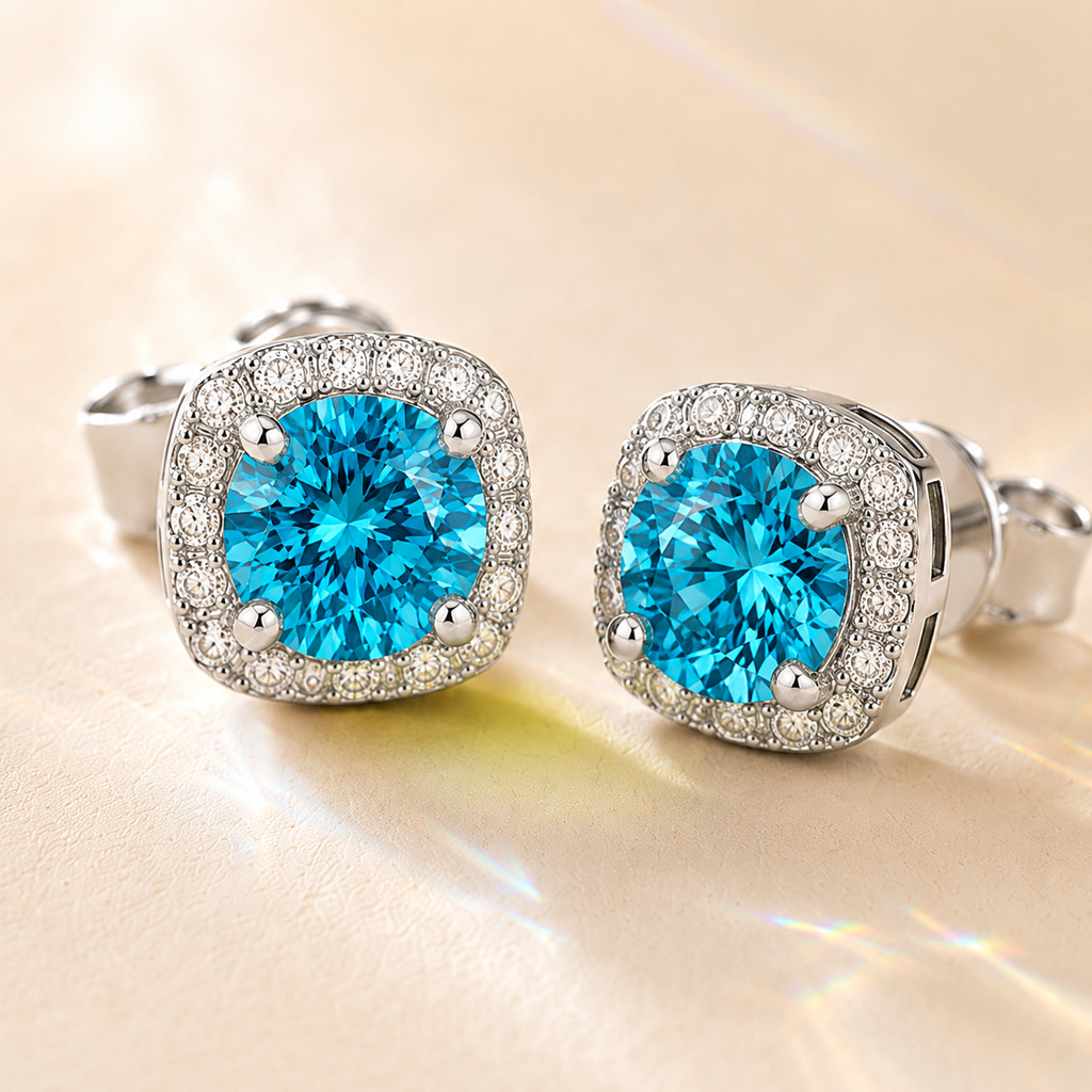 Ocean Blue Halo 1 Carat Each Cushion Colored Moissanite Stud Earrings — front view