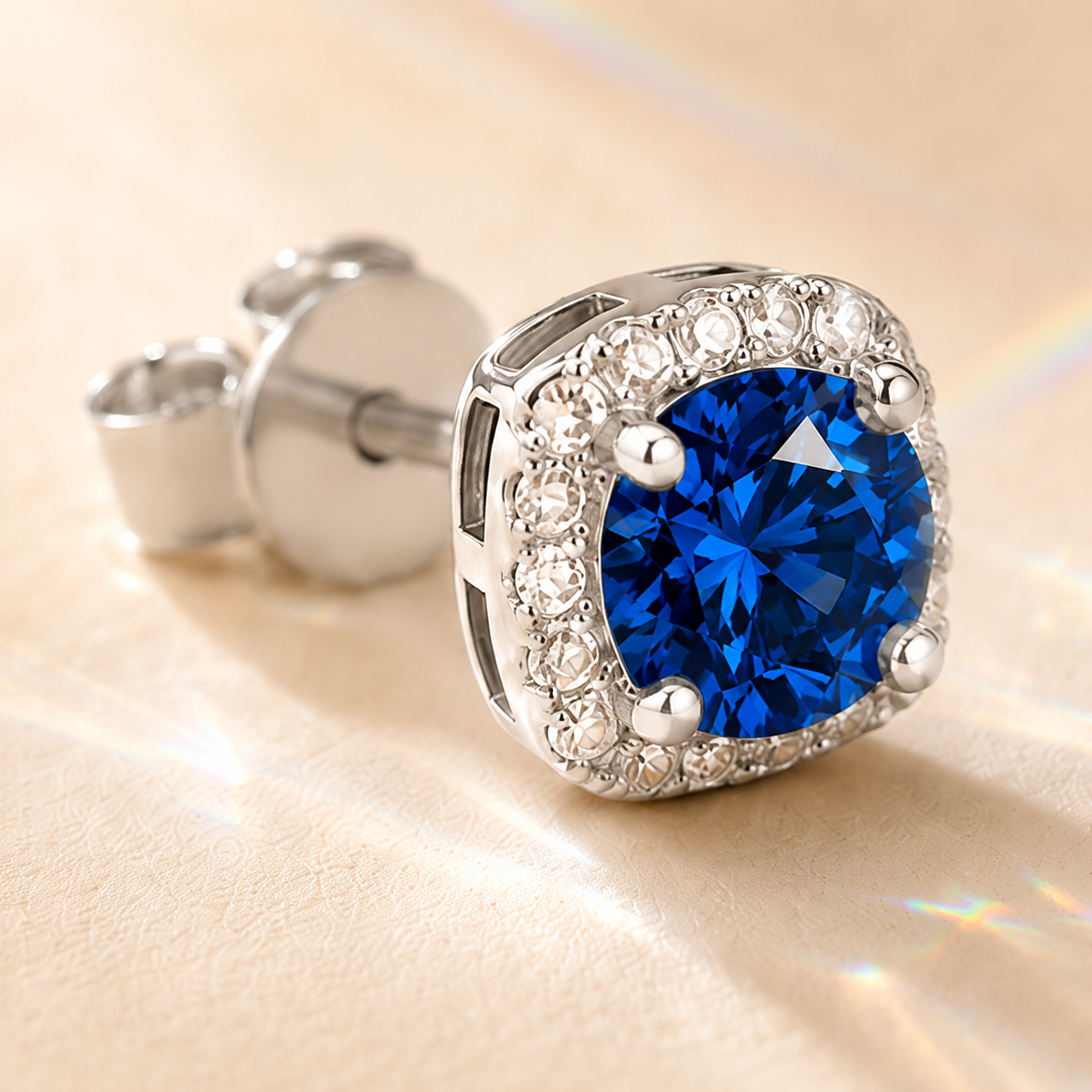 Blue Halo 1 Carat Each Cushion Colored Moissanite Stud Earrings — close-up setting detail