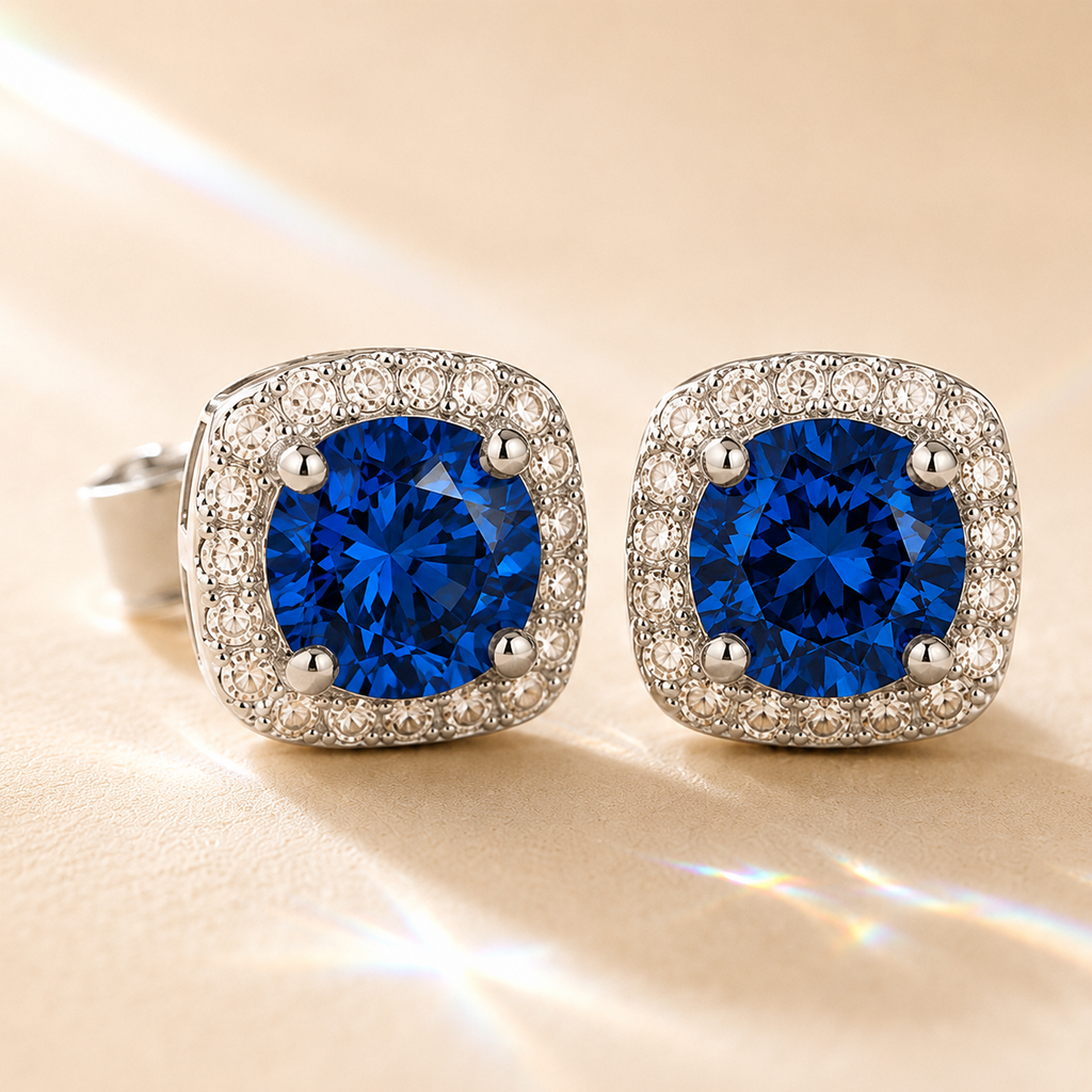 Blue Halo 1 Carat Each Cushion Colored Moissanite Stud Earrings — front view