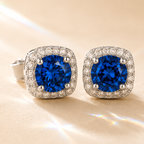 Blue Halo 1 Carat Each Cushion Colored Moissanite Stud Earrings — front view