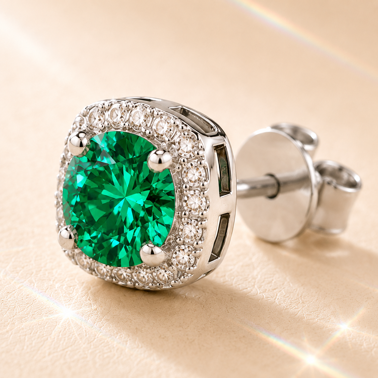 Green Halo 1 Carat Each Cushion Colored Moissanite Stud Earrings — close-up setting detail