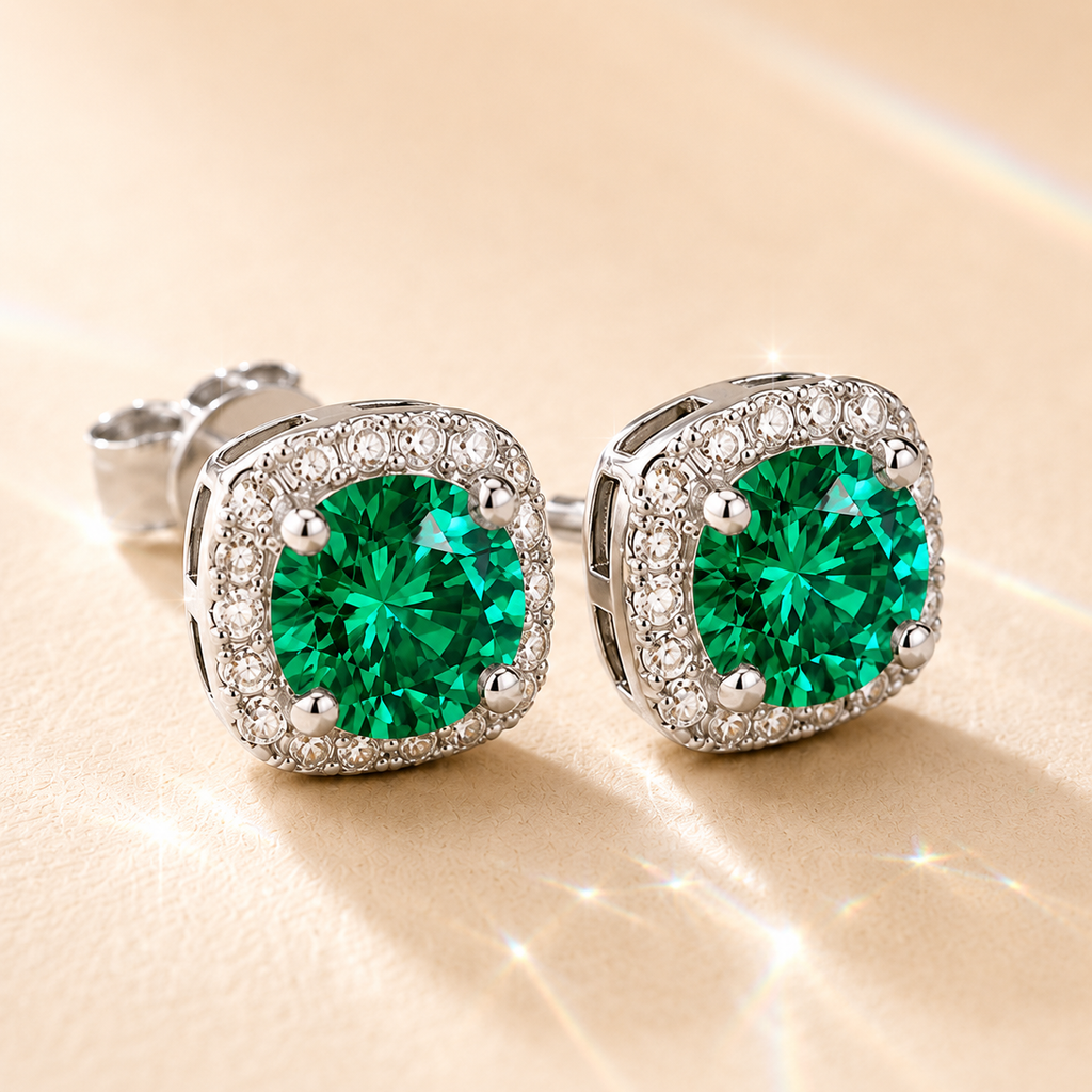 Green Halo 1 Carat Each Cushion Colored Moissanite Stud Earrings — front view