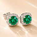 Green Halo 1 Carat Each Cushion Colored Moissanite Stud Earrings — front view