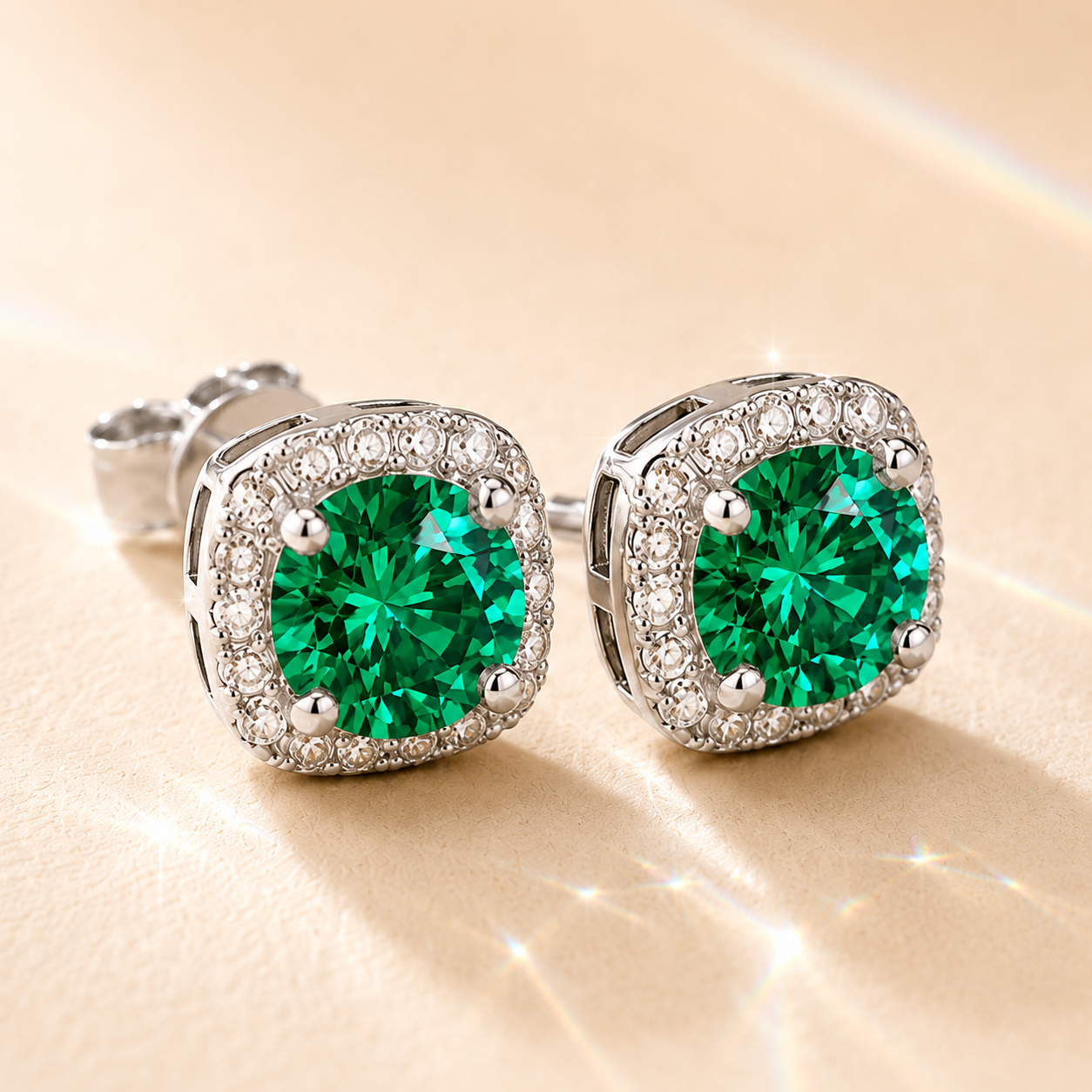 Green Halo 1 Carat Each Cushion Colored Moissanite Stud Earrings — front view
