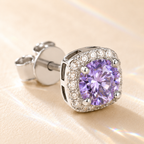 Purple Halo 1 Carat Each Cushion Colored Moissanite Stud Earrings — close-up setting detail