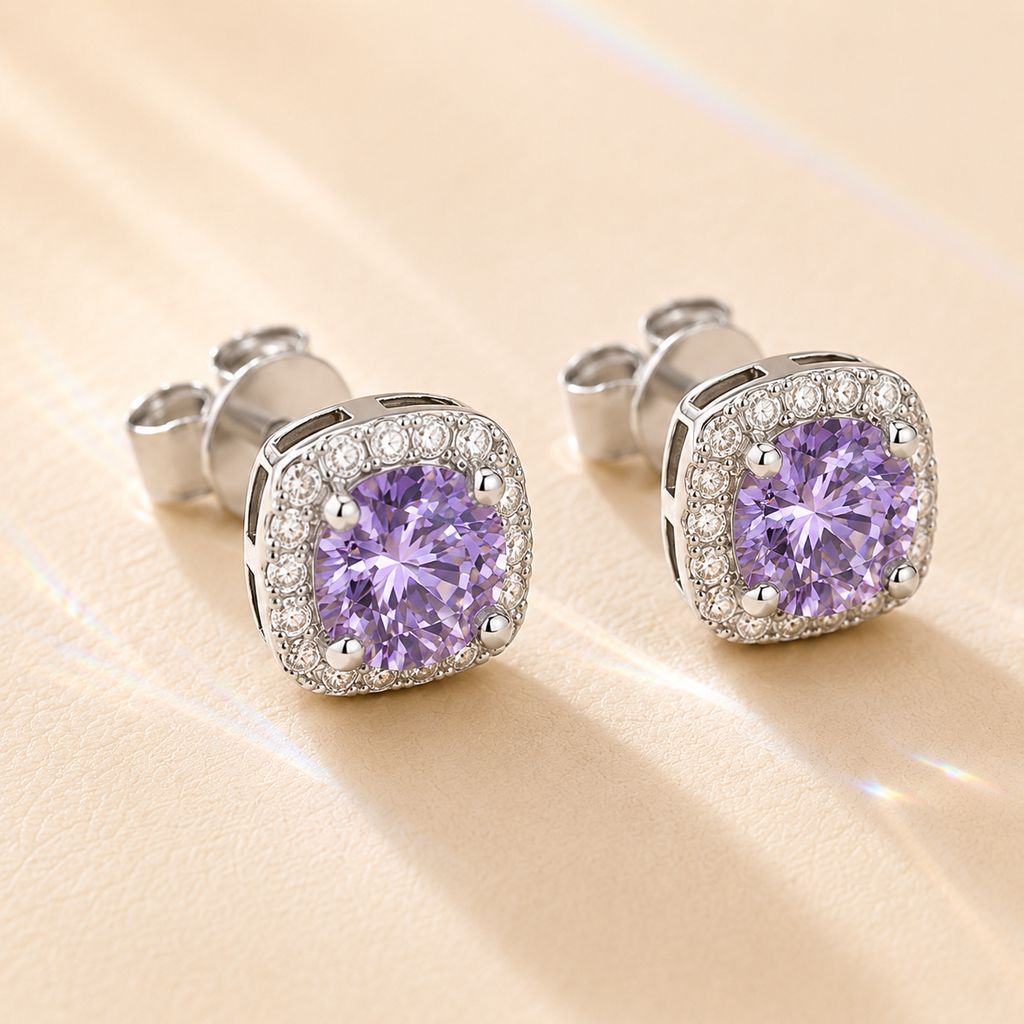 Purple Halo 1 Carat Each Cushion Colored Moissanite Stud Earrings — front view