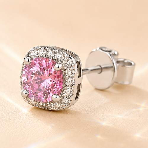 Pink Halo 1 Carat Each Cushion Colored Moissanite Stud Earrings — close-up setting detail