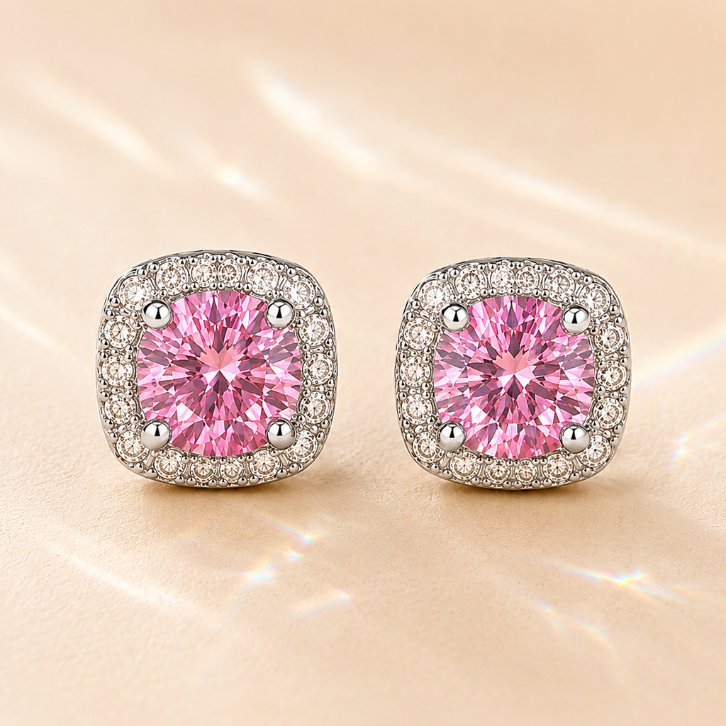 Pink Halo 1 Carat Each Cushion Colored Moissanite Stud Earrings — front view