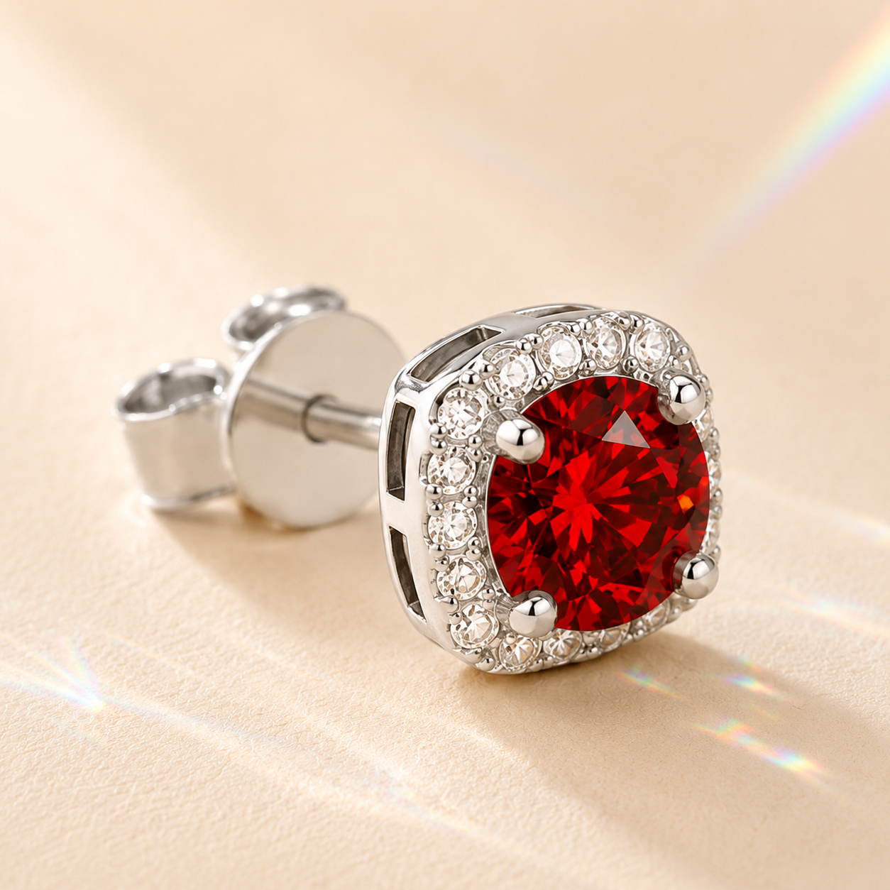 Red Halo 1 Carat Each Cushion Colored Moissanite Stud Earrings — close-up setting detail