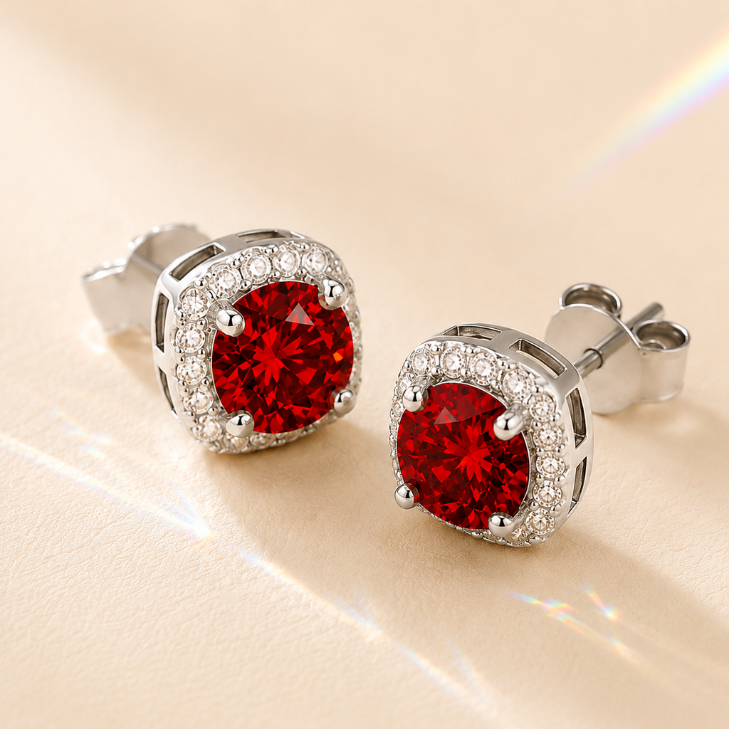 Red Halo 1 Carat Each Cushion Colored Moissanite Stud Earrings — front view