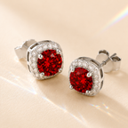 Red Halo 1 Carat Each Cushion Colored Moissanite Stud Earrings — front view
