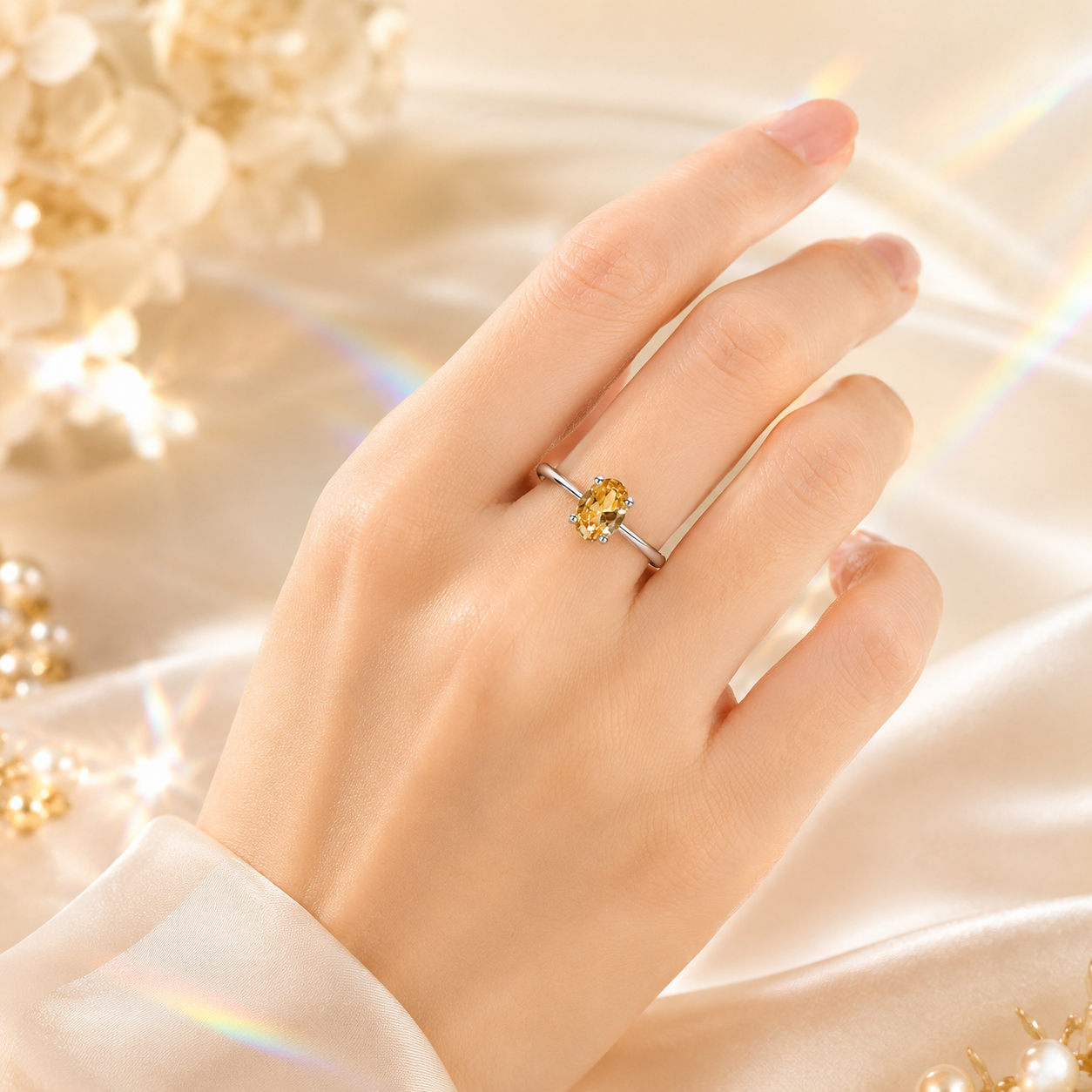 Champagne Elara 1 Carat Oval Colored Moissanite Ring — worn styling view