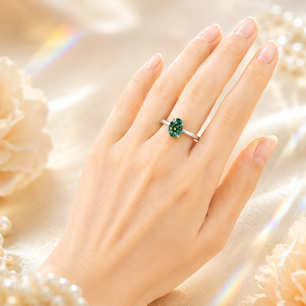 Green Elara 1 Carat Oval Colored Moissanite Ring — worn styling view