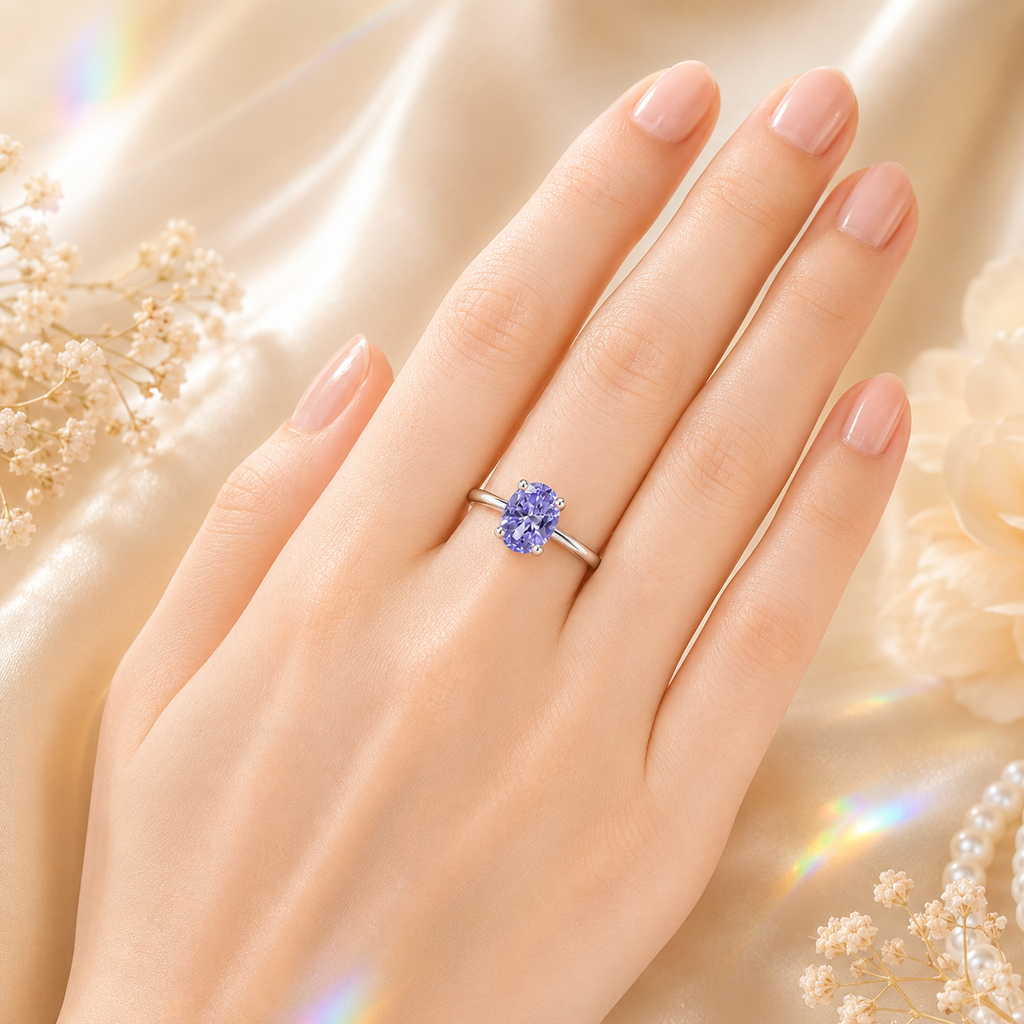 Purple Elara 1 Carat Oval Colored Moissanite Ring — worn styling view