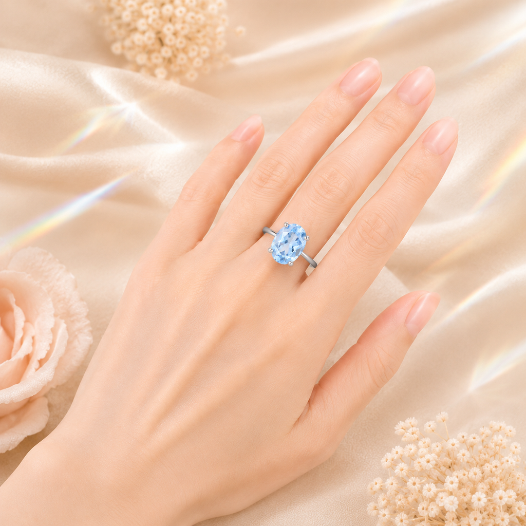 Ocean Blue Elara 1 Carat Oval Colored Moissanite Ring — worn styling view